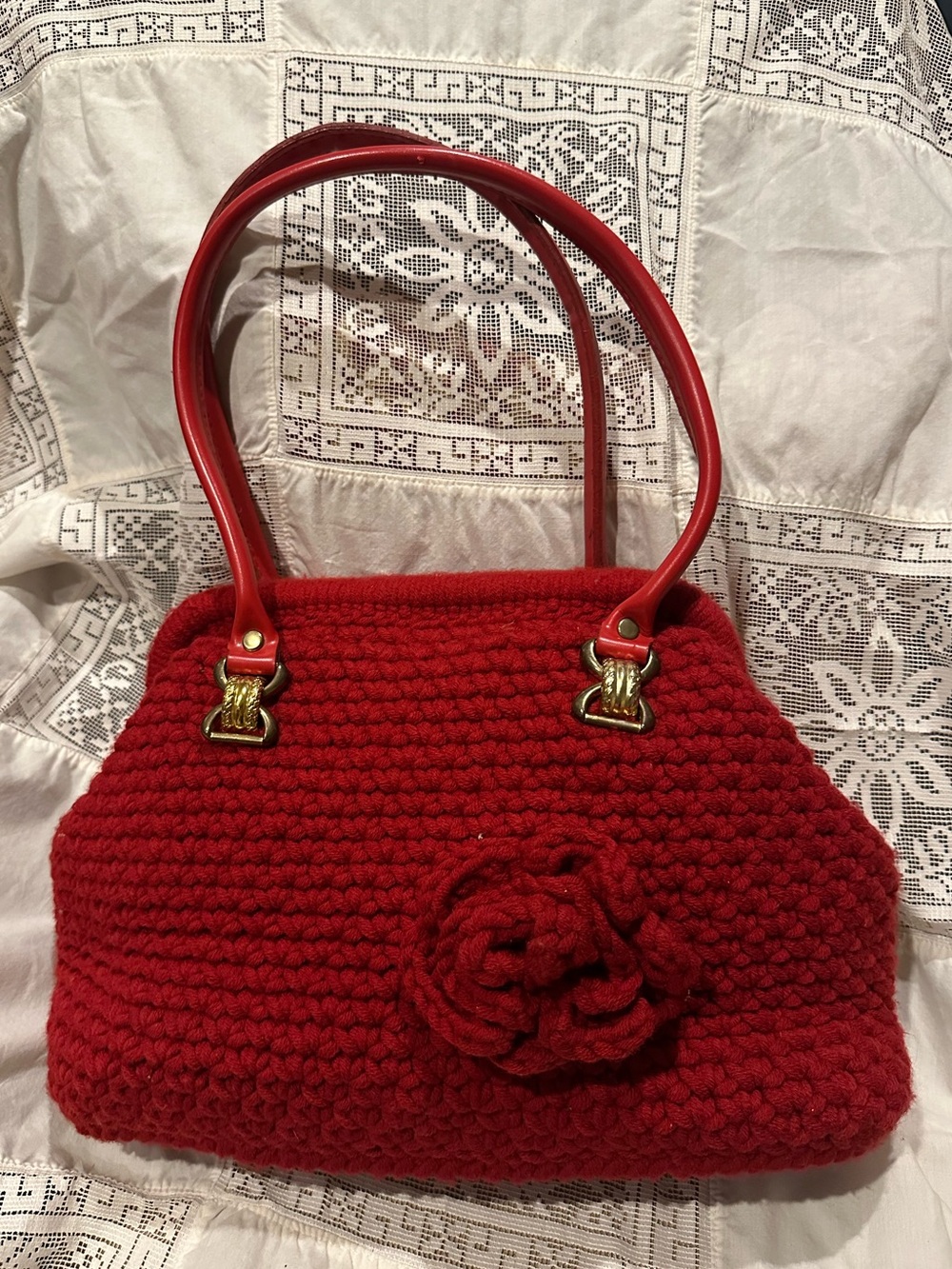 Red Crochet Flower Tote Bag by